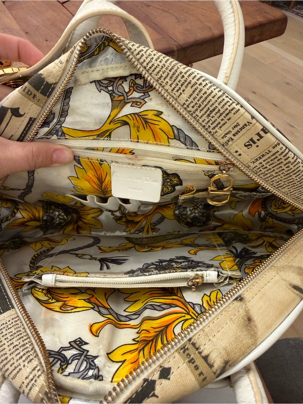 Vintage Dior Newspaper Print Dome Satchel in Cream and Black - Picture 5 of 5